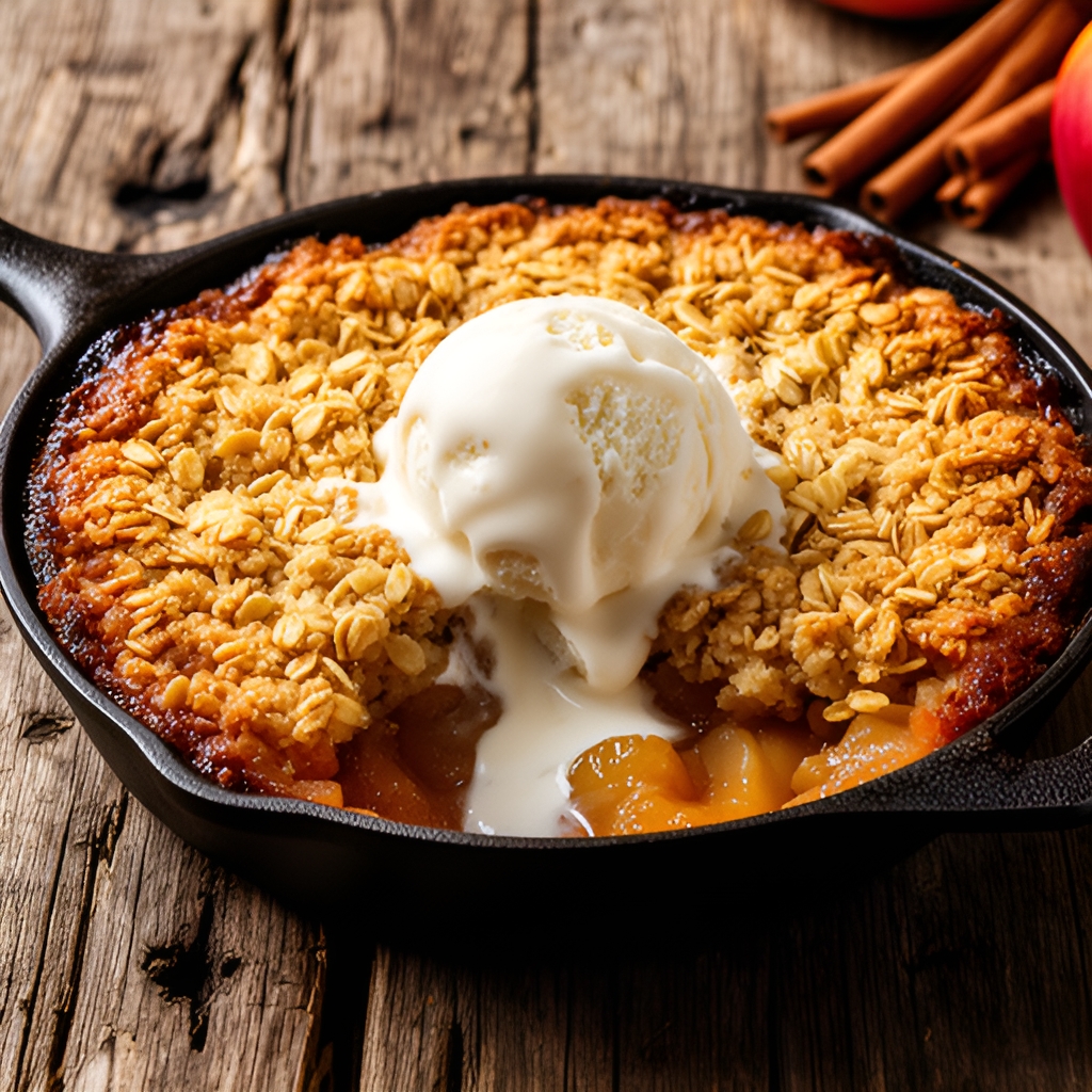 Cast-iron apple crisp with oat crumble and vanilla ice cream