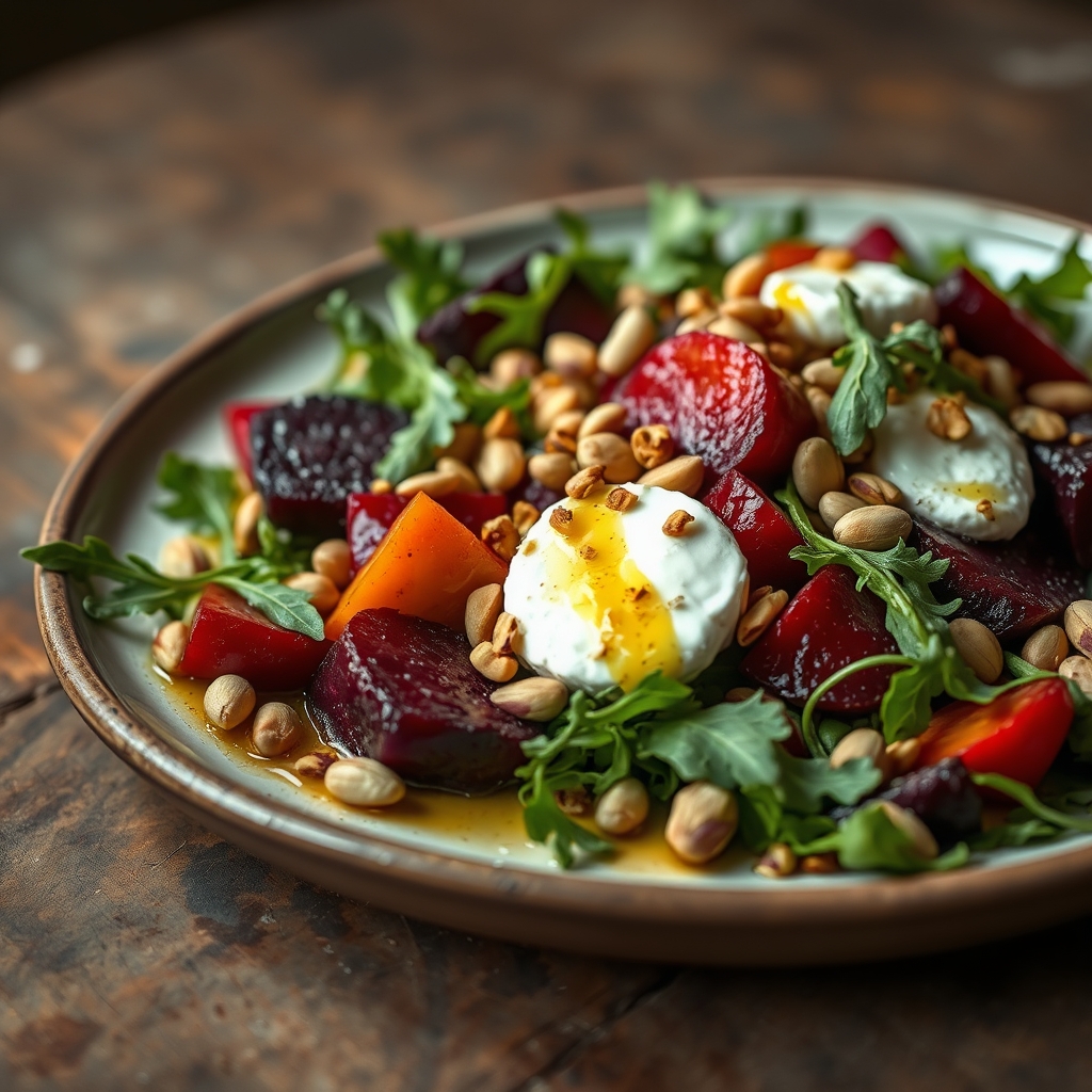 Ember-roasted red and golden beets with burrata, arugula and pistachios