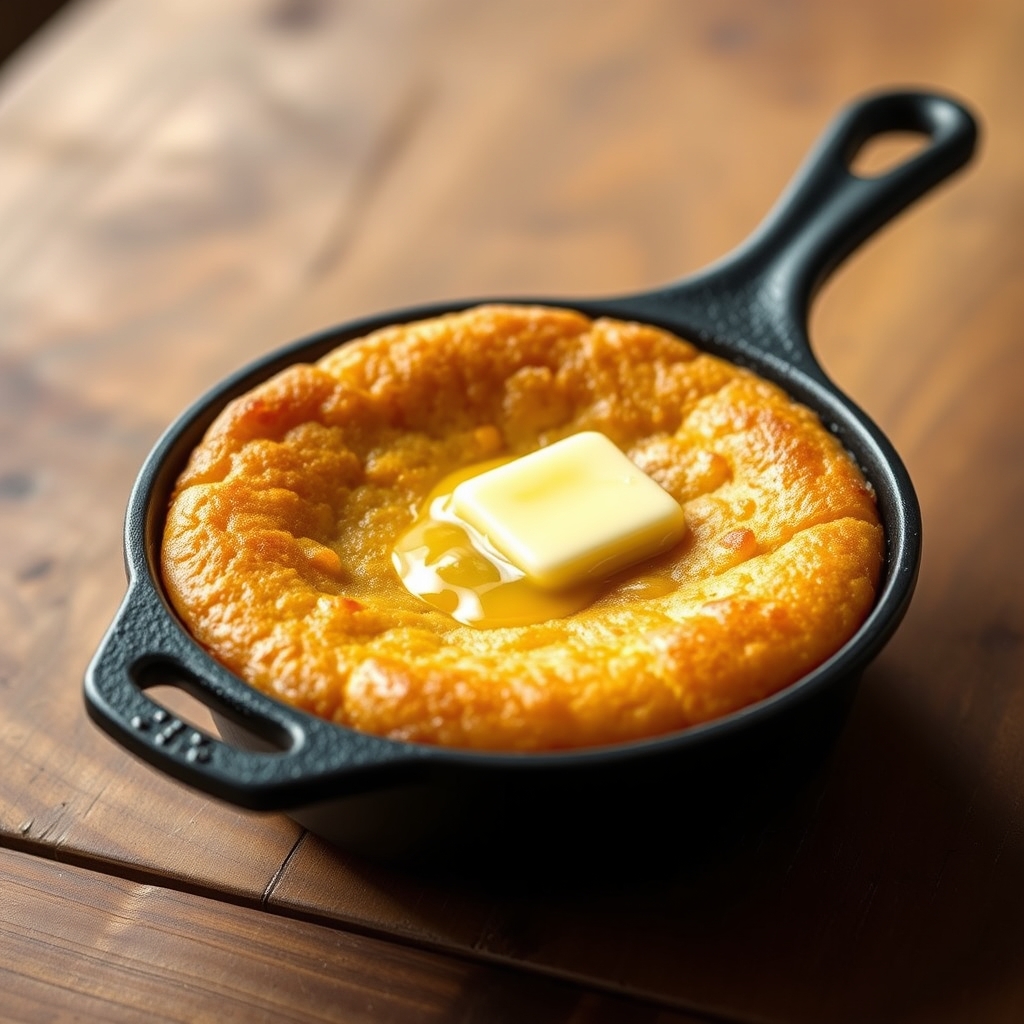 Skillet cornbread with melting maple butter in a cast-iron pan