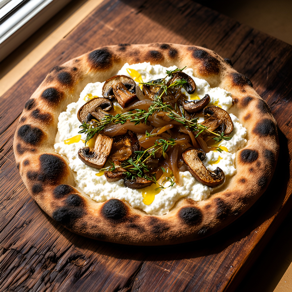 Wood-fired flatbread topped with whipped ricotta, roasted mushrooms, caramelized onions and honey