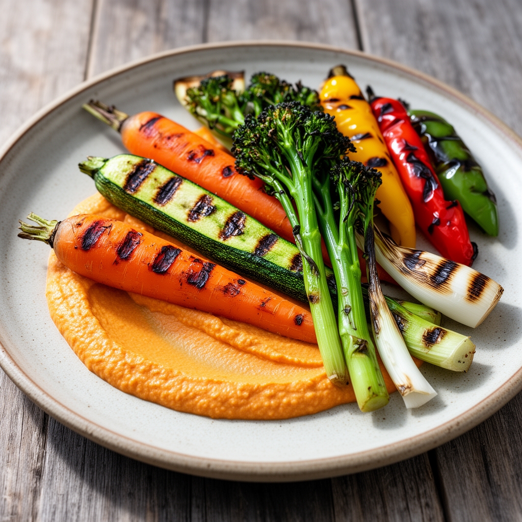 Grilled seasonal vegetables over romesco sauce