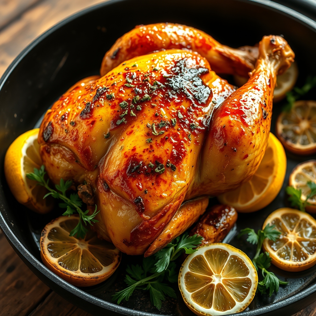 Wood-fired half chicken with crispy golden skin and charred lemon in a cast-iron skillet
