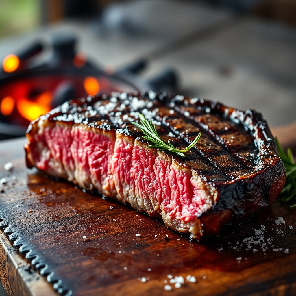 Close-up of a sliced wood-fired ribeye steak with a deep charred crust and pink center, resting on a wooden board