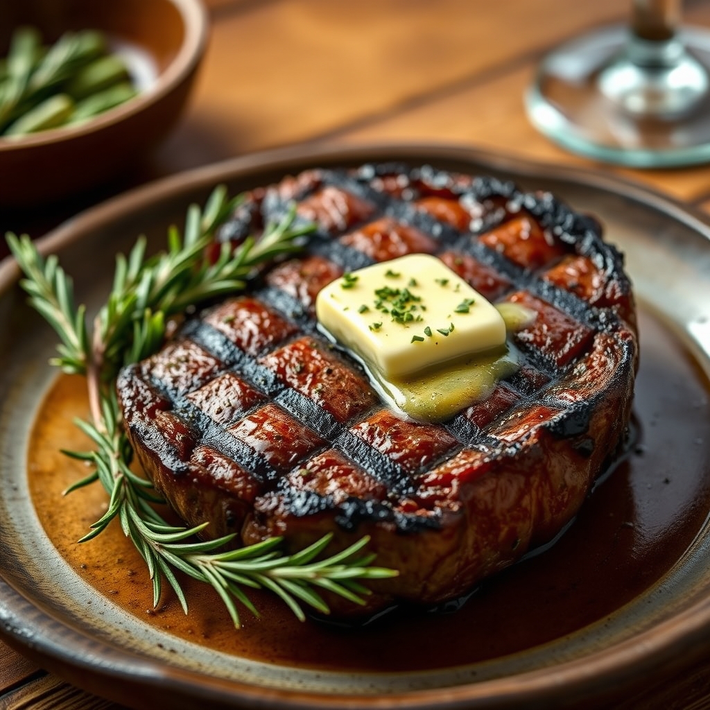 Open-fire grilled ribeye steak with char marks and melting herb butter