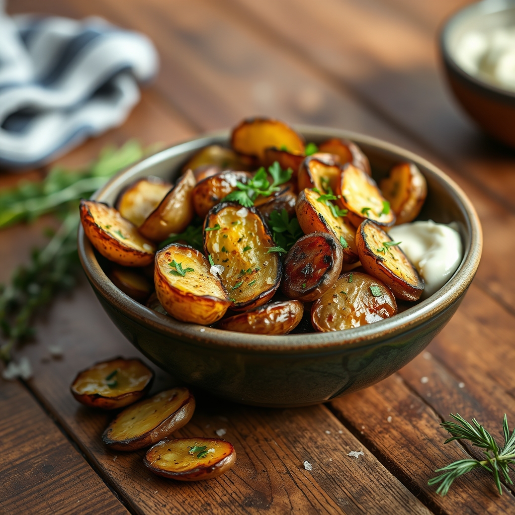Crispy smashed fingerling potatoes with herbs and garlic aioli